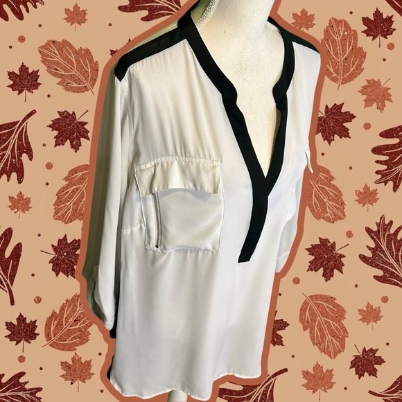 Lane Bryant Black & White Popover Roll-Tab Sleeve Blouse w/ Breast Pockets 26/28 - Picture 12 of 12